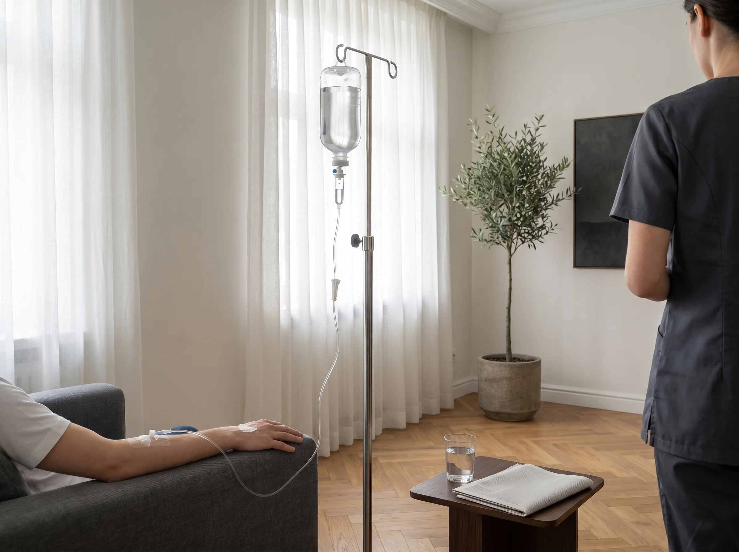 INFUZE home IV session in a Warsaw apartment — chrome IV stand beside a graphite linen chair, morning window light