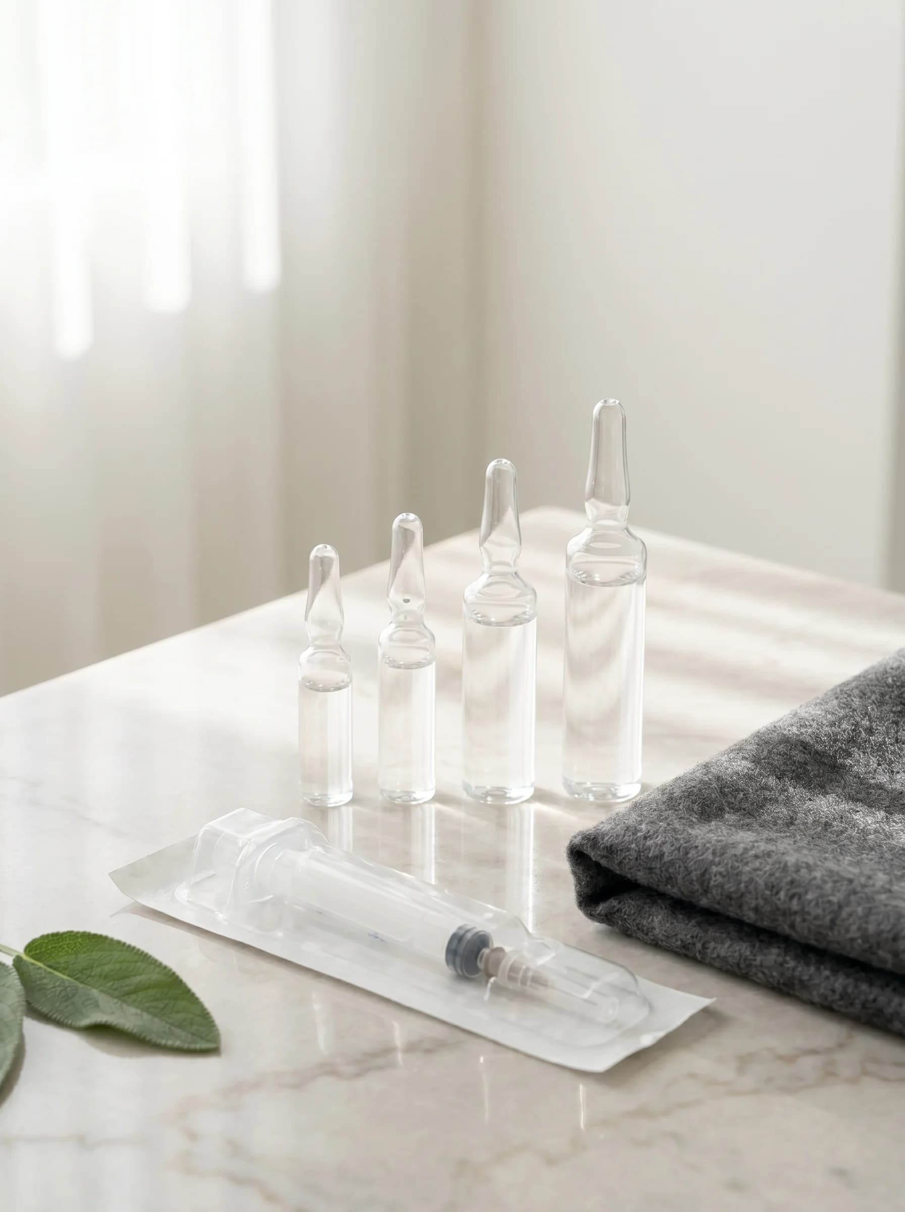 INFUZE pharmaceutical-grade ampoules on a clinical paper surface, sealed sterile syringe and folded graphite linen