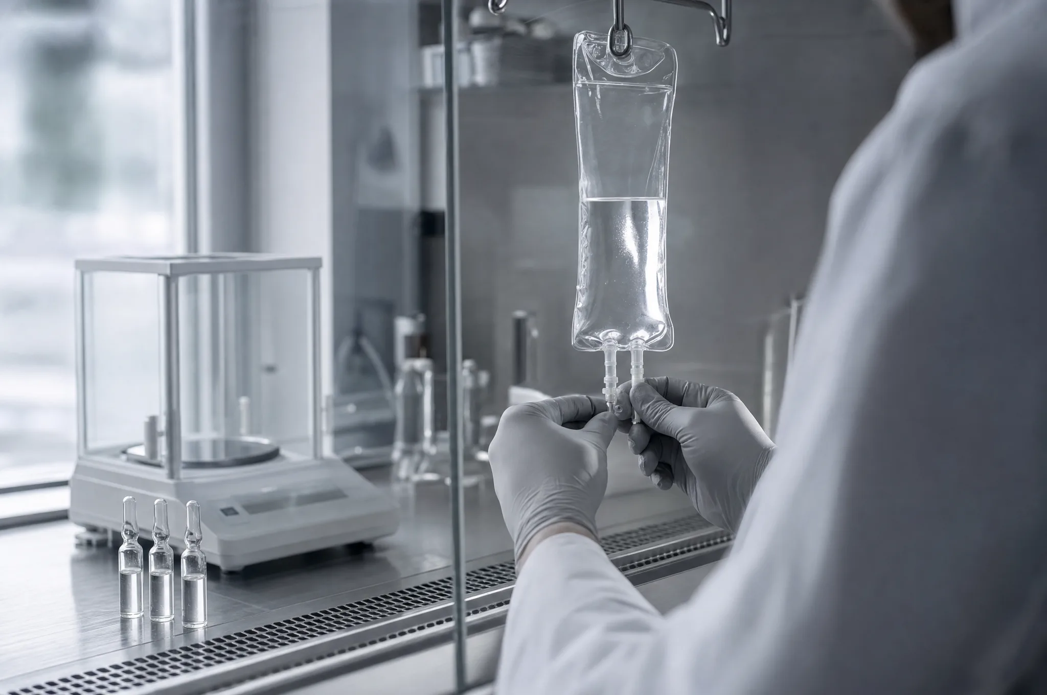 Gabinet zabiegowy INFUZE w Warszawie – zaplombowana kroplówka na tacy ze szczotkowanej stali nierdzewnej, sterylna serweta i fiolki farmaceutyczne